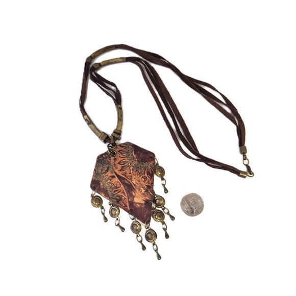 VTG Sunflower Leather Pendant Necklace Suede Cord Brass Tassels OOAK Artisan Boh - Picture 3 of 3